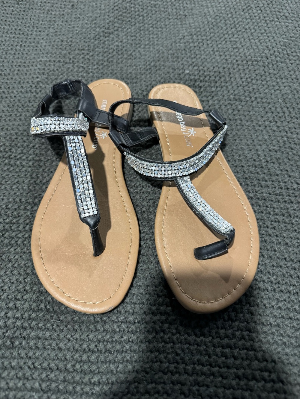 Monterey Bay Black Rhinestone T-Strap Sandals with Tan Footbed